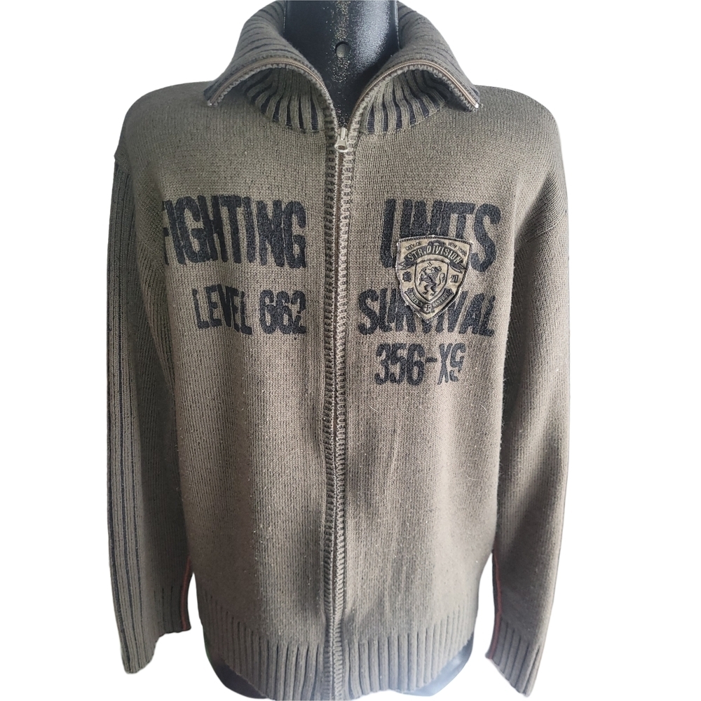 Vintage Y2K Men's Dark Olive Green Full Zip High Neck Sweater Size L